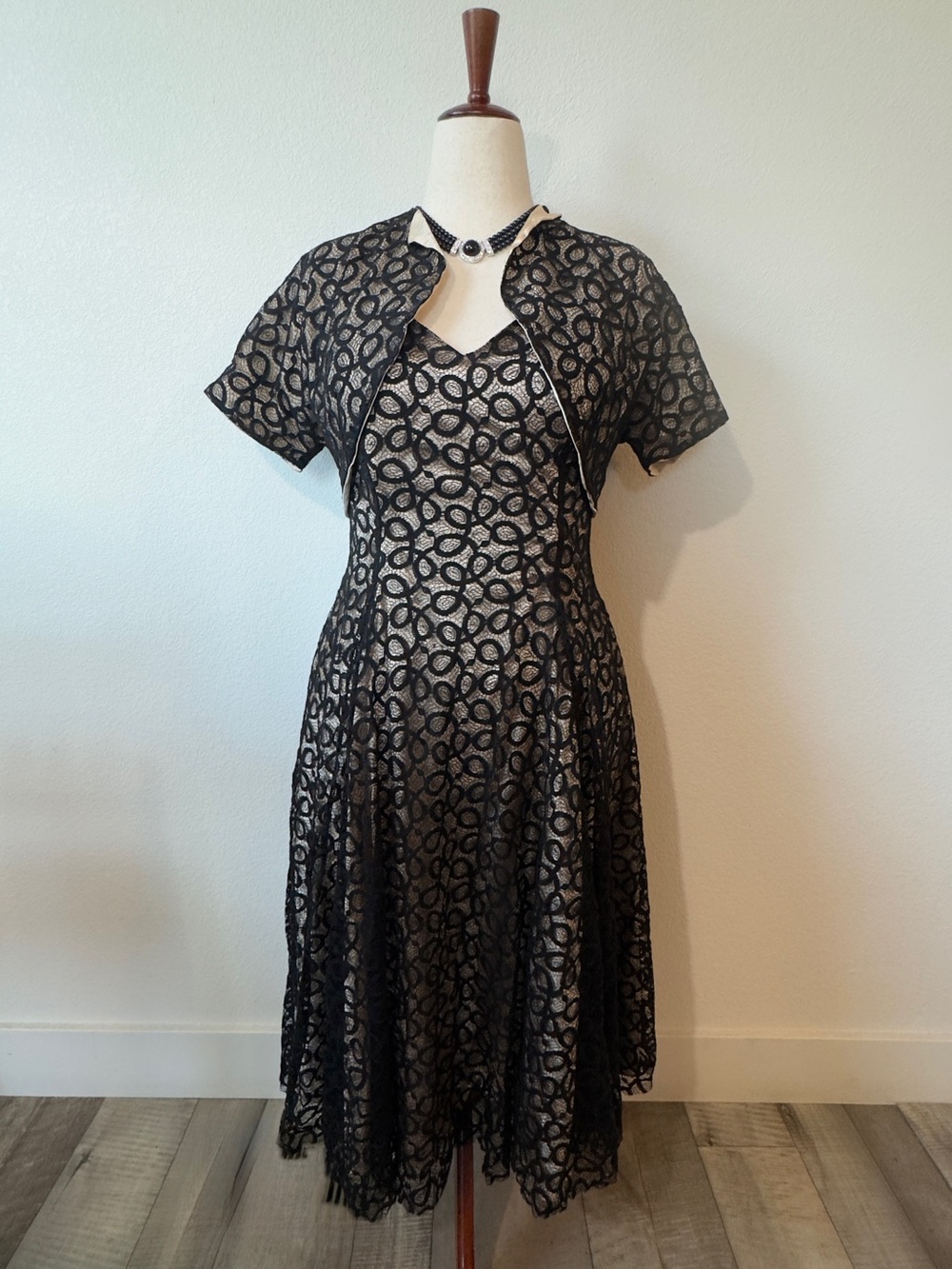 Unique Vintage Black Lace Midi Dress with Matching Bolero